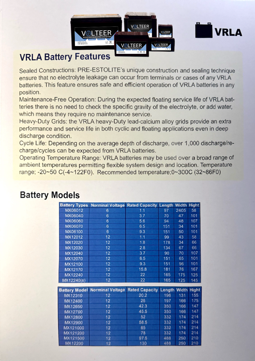 VOLTEER VRLA battery catalogue specifications