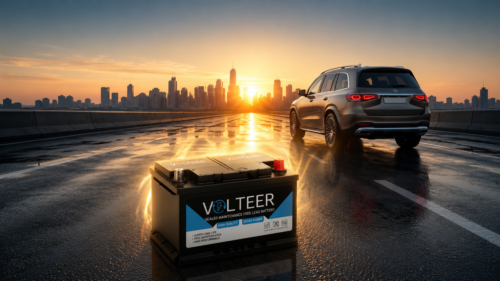 VOLTEER automotive battery beside a vehicle