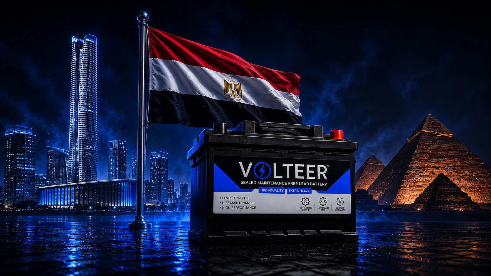 VOLTEER battery with Egyptian manufacturing artwork